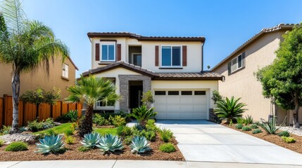 Fototapeta premium Two-story house with landscaped yard, driveway, and attached garage.