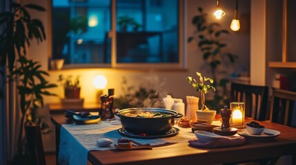 A cozy shabu meal at home, with a portable hot pot, casual table setting, and warm lighting creating a relaxing atmosphere.