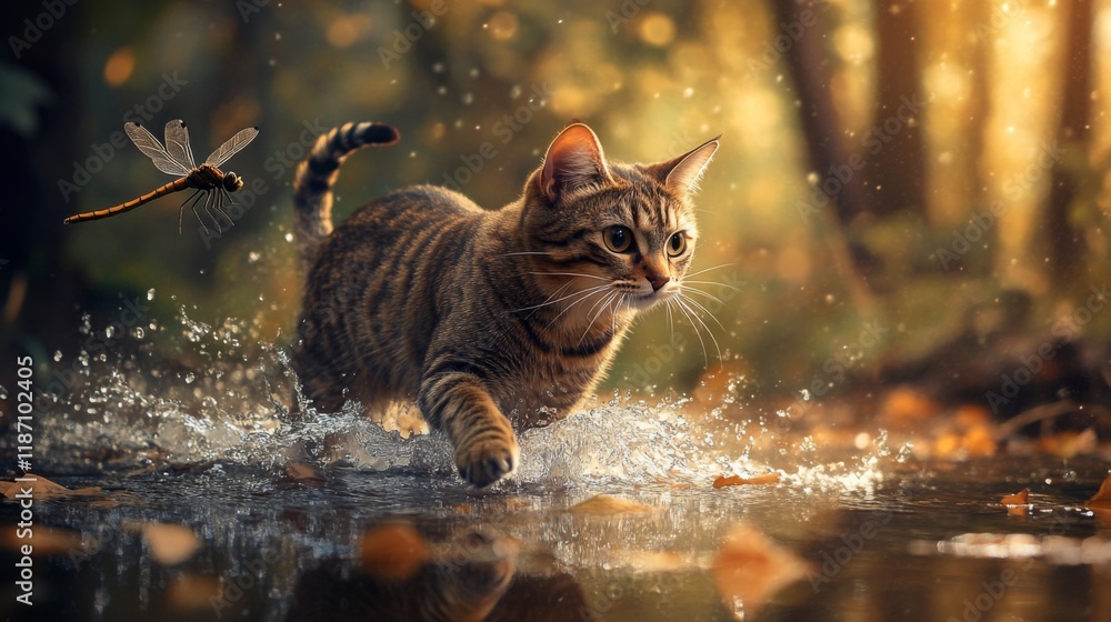 Aufkleber A curious tabby cat splashing through shallow puddles as it chases a dragonfly in a forest clearing.