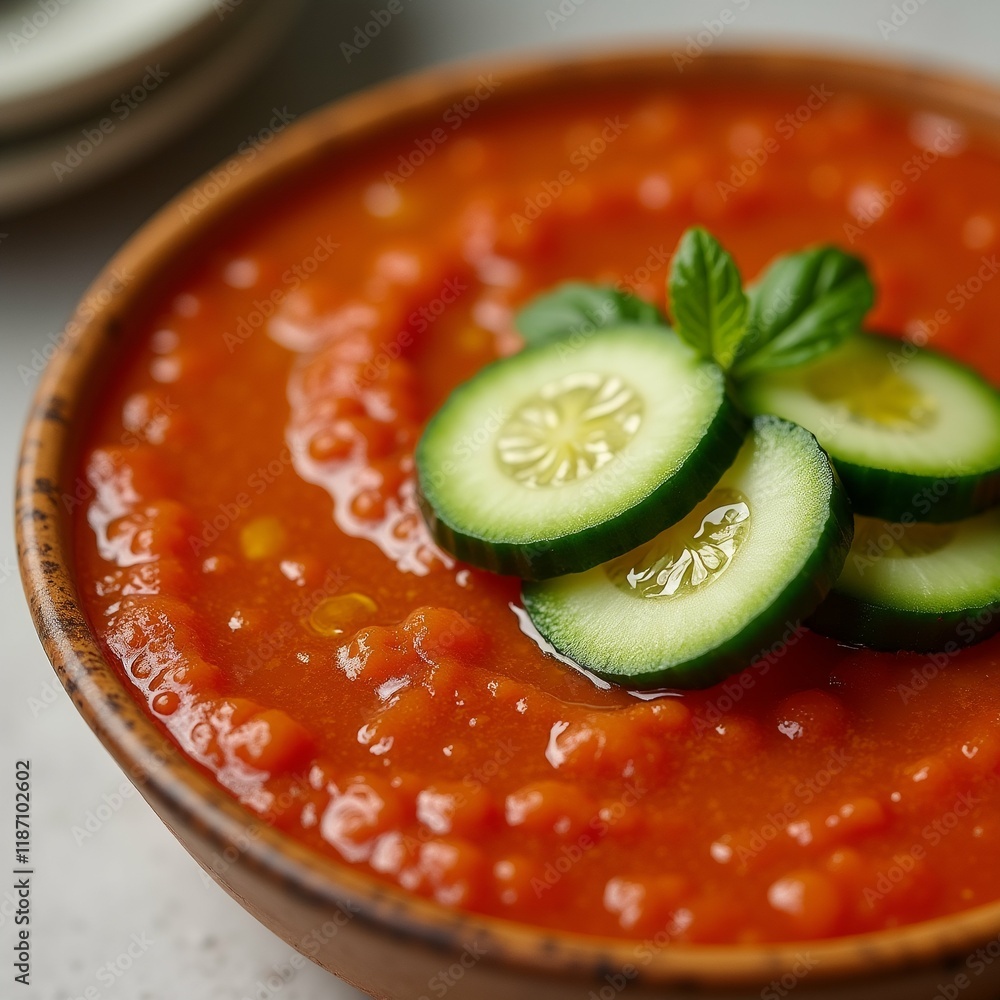 Poster the image is a close-up of a bowl of tomato soup. the soup is a bright red color and appears to be t