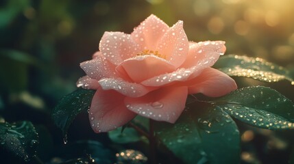 A delicate pink flower with water droplets on its petals, resting gently on green leaves, captured in early morning light.