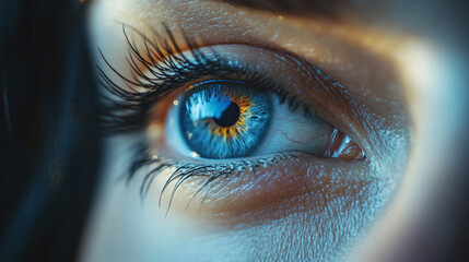 Detailed macro photography of a woman's eye pupil and iris, blue color eyeball and eyelashes. human vision or sight closeup, female person retina lens cornea, healthy eye ophthalmology science.