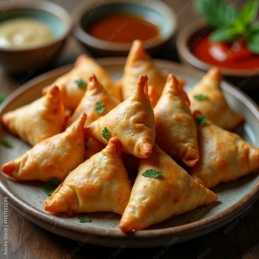 Poster the image shows a plate of samosas on a wooden table. the plate is round and has a light brown color