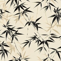 Fototapeta premium A seamless pattern with a digital illustration of bamboo leaves, their delicate silhouettes outlined in black and white against an abstract beige background