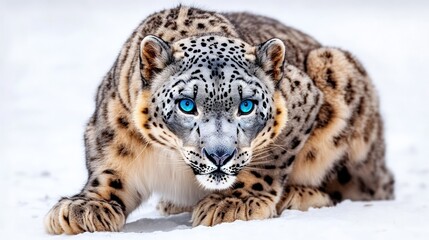 Obraz premium Realistic depiction of a snow leopard with piercing blue eyes and spotted fur, crouching on a pure white background