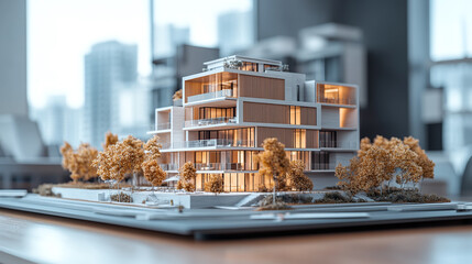 Futuristic 3d render model of a city houses or homes on a table in a real estate agency business office. architecture building, residential property design, apartment housing concept.