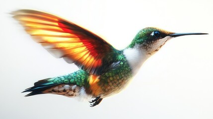 Naklejka premium Realistic illustration of a hummingbird hovering mid-air, wings blurred with motion, and vibrant colors against a pure white background