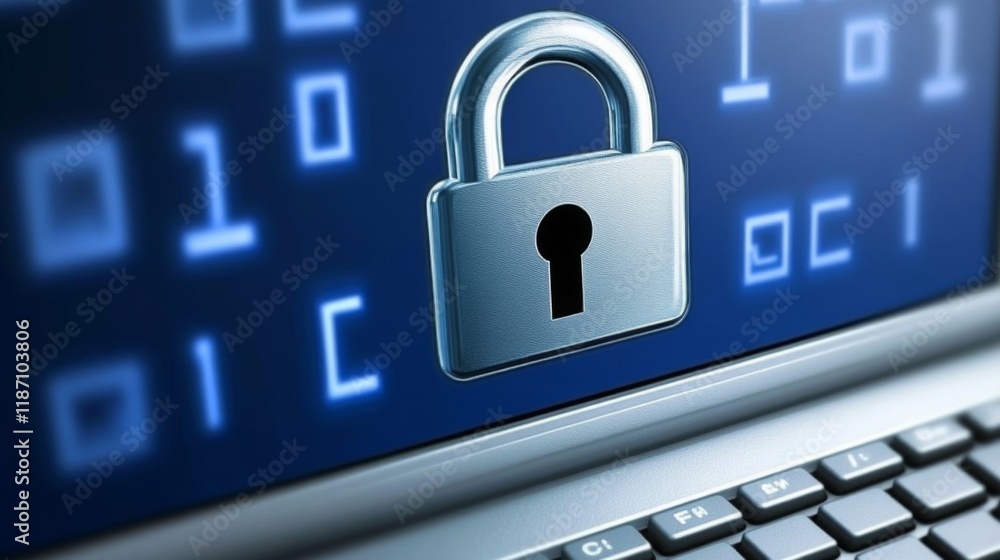 Poster a digital lock icon on a computer screen displaying sensitive information, emphasizing the importanc