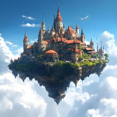 Fototapeta premium A floating castle surrounded by clouds, showcasing a fantastical architectural design.