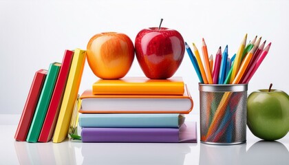 bright stationery and books remoted on white