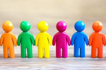 Small, colorful wooden human figures representing teamwork, unity, and diversity