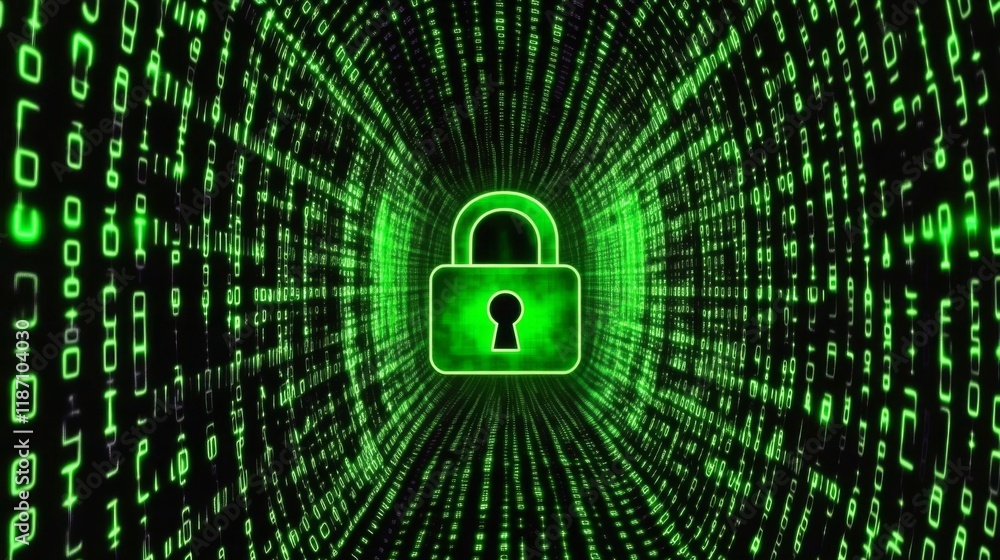 Poster a digital padlock on a computer screen, with binary code in the background, symbolizing online data 