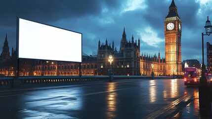 A plain white, mock up billboard on a festive London street with Big Ben in the background, advertising and marketing concept, events, copy space for public information