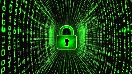 A digital padlock on a computer screen, with binary code in the background, symbolizing online data protection and encryption.