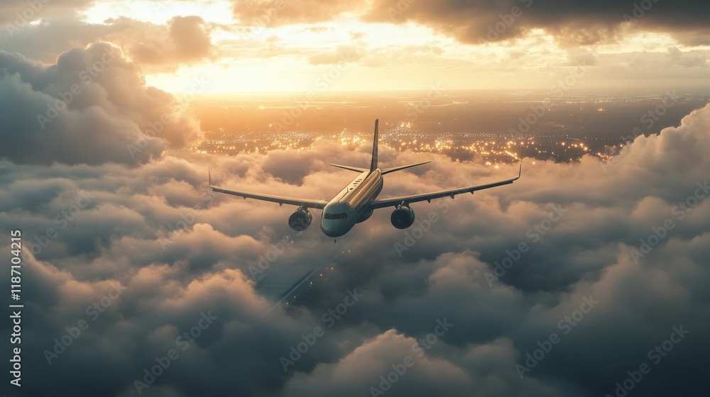 Aufkleber a dramatic shot of an airplane descending through the clouds, with the runway lights visible in the 