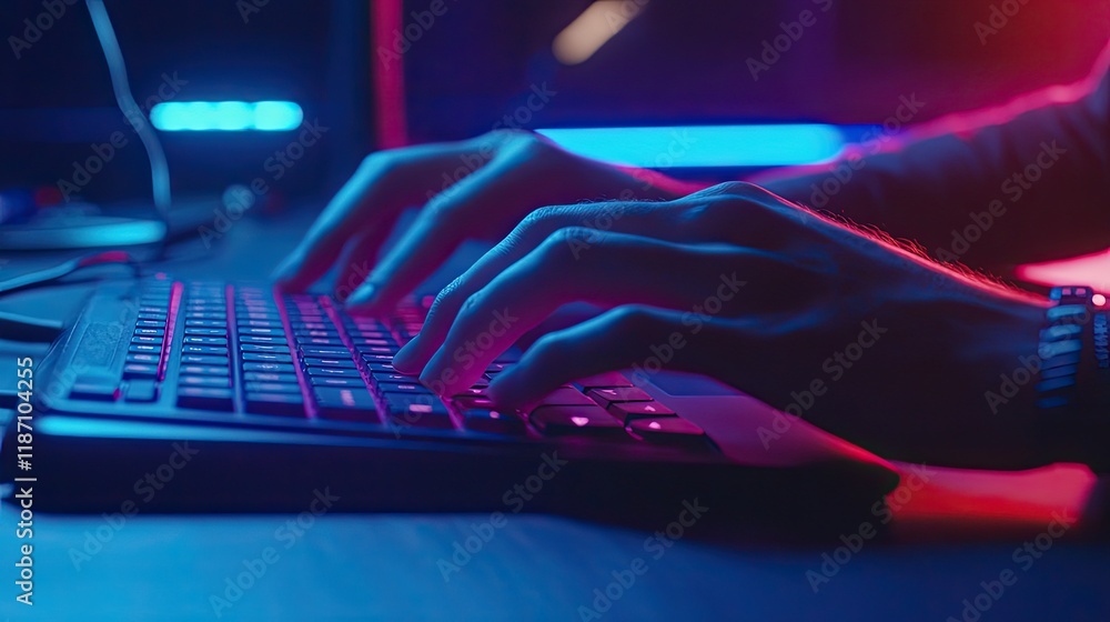 Poster hands typing on a keyboard in neon light