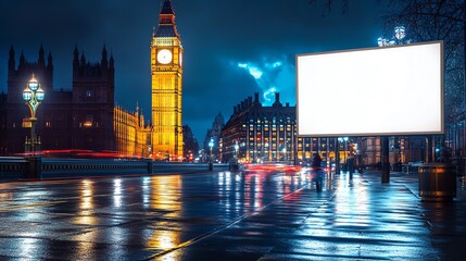 A plain white, mock up billboard on a festive London street with Big Ben in the background, advertising and marketing concept, events, copy space for public information