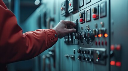 Worker operating industrial control panel equipment