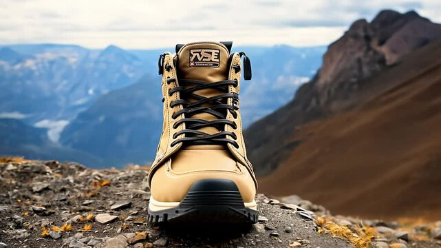 Hyper-realistic close-up video of a hiking boot standing on a rock, the alps, mountains in the background, 8k, beautiful lighting