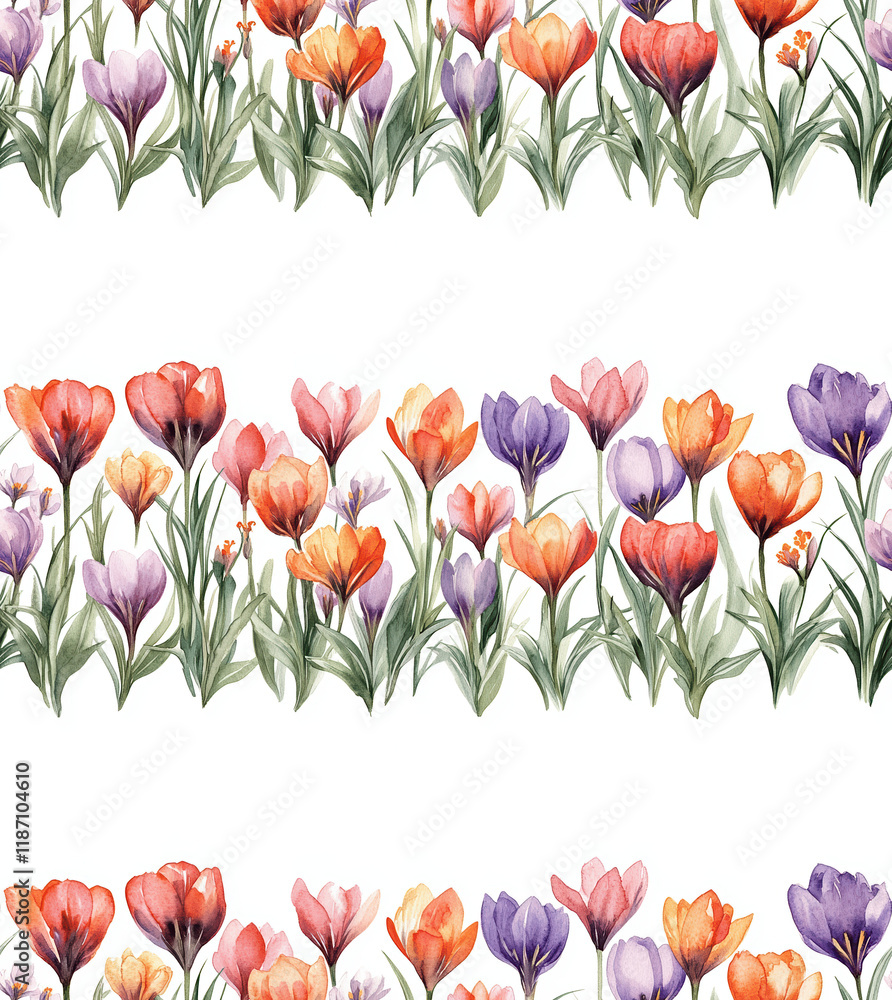 Poster Delightful watercolor seamless pattern featuring vibrant tulips in an array of cheerful colors, ideal for springtime-inspired designs.