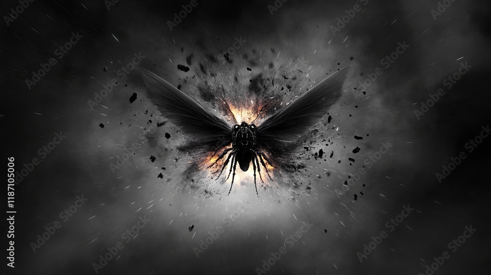 Poster a dramatic image of a large moth emerging from a burst of light and dark particles, creating a power