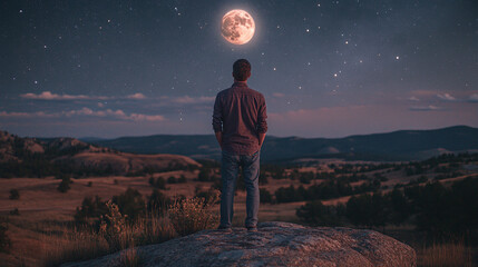 Rearview photography of a man staring at the beautiful starry night sky and the glowing moon. standing on a rock, hill or mountain top or peak in nature, casual clothing, adult male person in evening.
