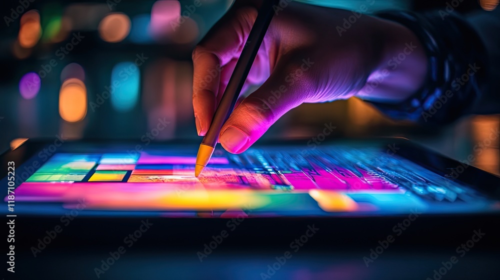 Poster hand using stylus on colorful digital tablet screen