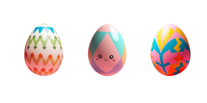 Set of three cute easter painted eggs with colorful pattern on transparent background in Kidcore style