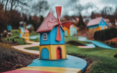 Bright miniature house with windmill in a park. Playground, fairy tale vibe