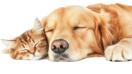 A dog and cat peacefully sleeping together, showcasing friendship. transparent background