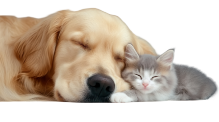 A golden retriever and a kitten sleeping together peacefully. transparent background