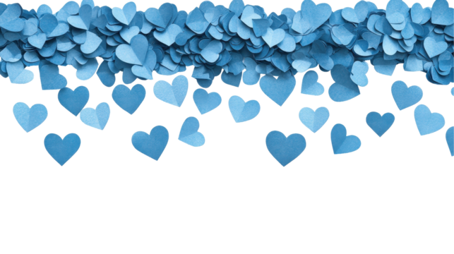 A pattern of blue paper hearts for decoration or celebration. transparent background
