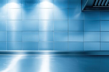 Obraz premium Modern Kitchen Interior with Blue Tile Walls and Reflective Stainless Steel Surface