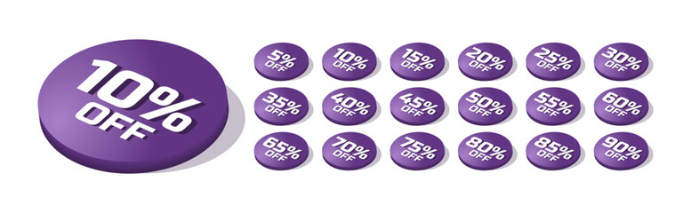 Discount stickers in the shape of a tablet in purple, 3D effect, shaded. Discount of 5, 10, 15, 20, 25, 30, 35, 40, 45, 50, 55, 60, 65, 70, 75, 80, 85, 90 percent off.
