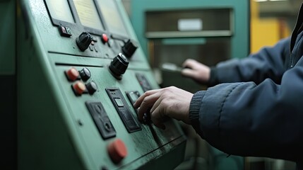 Worker operating industrial machinery control panel