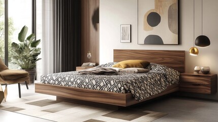 A modern bedroom with a bed featuring geometric-patterned bedding, a stylish nightstand, and a clean, contemporary design.