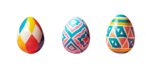 Set of three cute easter painted eggs with colorful pattern on transparent background in Kidcore style