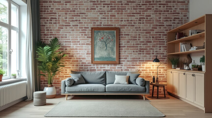 modern living room with gray sofa brick wall