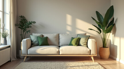 sunlit living room with beige sofa green accents