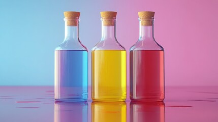 Colorful Glass Bottles with Cork Stoppers Displayed on a Glossy Surface Against a Gradient Background of Pink and Blue Tones