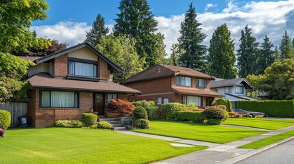 A pair of twin homes in a quiet suburban setting, with a shared sidewalk, large front lawns, and tall trees in the background.