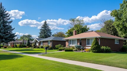 Obraz premium A pair of twin homes in a quiet suburban setting, with a shared sidewalk, large front lawns, and tall trees in the background.