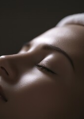 A woman's face is shown with her eyes closed and her mouth slightly open