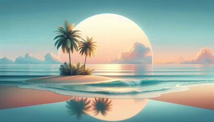 Naklejka premium Tropical beach sunset, palm trees silhouette, golden sand, turquoise ocean waves, reflective water surface, vibrant sky colors, dramatic clouds, sun rays, peaceful atmosphere, tranquil seaside, coasta