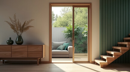 light-filled room with wooden cabinet patio view