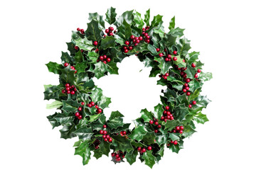Christmas Holly Wreath with Red Berries Green Leaves Isolated Traditional Decoration transparent background
