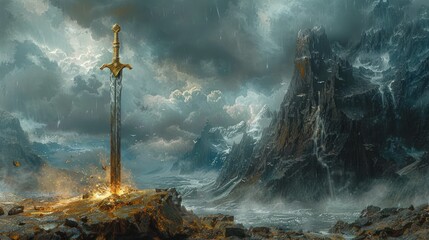 Fototapeta premium Majestic sword planted in rocky ground, dramatic stormy mountain backdrop.