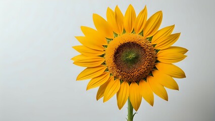 Obraz premium Vibrant single sunflower against a soft grey backdrop, showcasing its bright yellow petals and detailed center. Perfect for summer, nature, or botany themes.