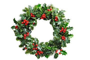 Christmas Holly Wreath with Red Berries Green Leaves Isolated Traditional Decoration transparent background
