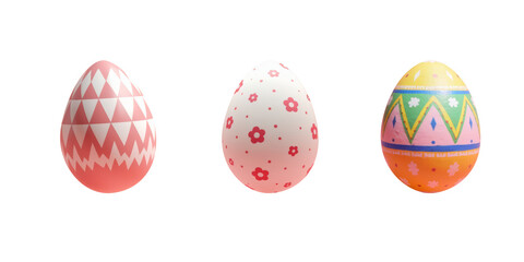 Set of three cute easter painted eggs with colorful pattern on transparent background in Kidcore style